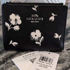 Coach Floral Compact Leather Wallet Black & Cream